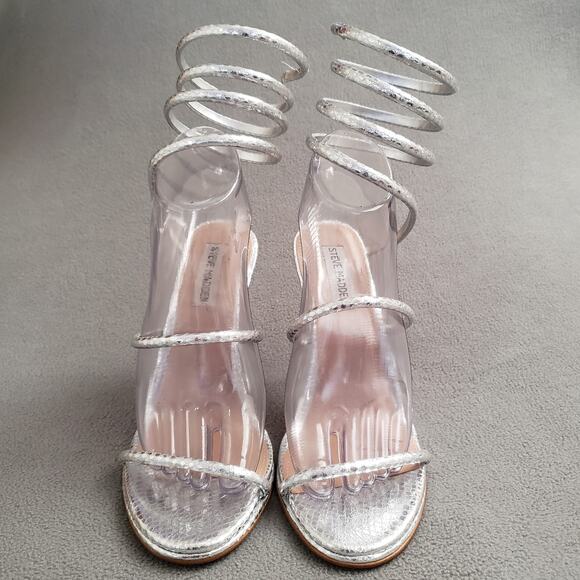 Steve Madden Exotica Heels Metallic Silver Snake Size 8 SMAD-WZ1229 Wrap-around - Picture 4 of 12